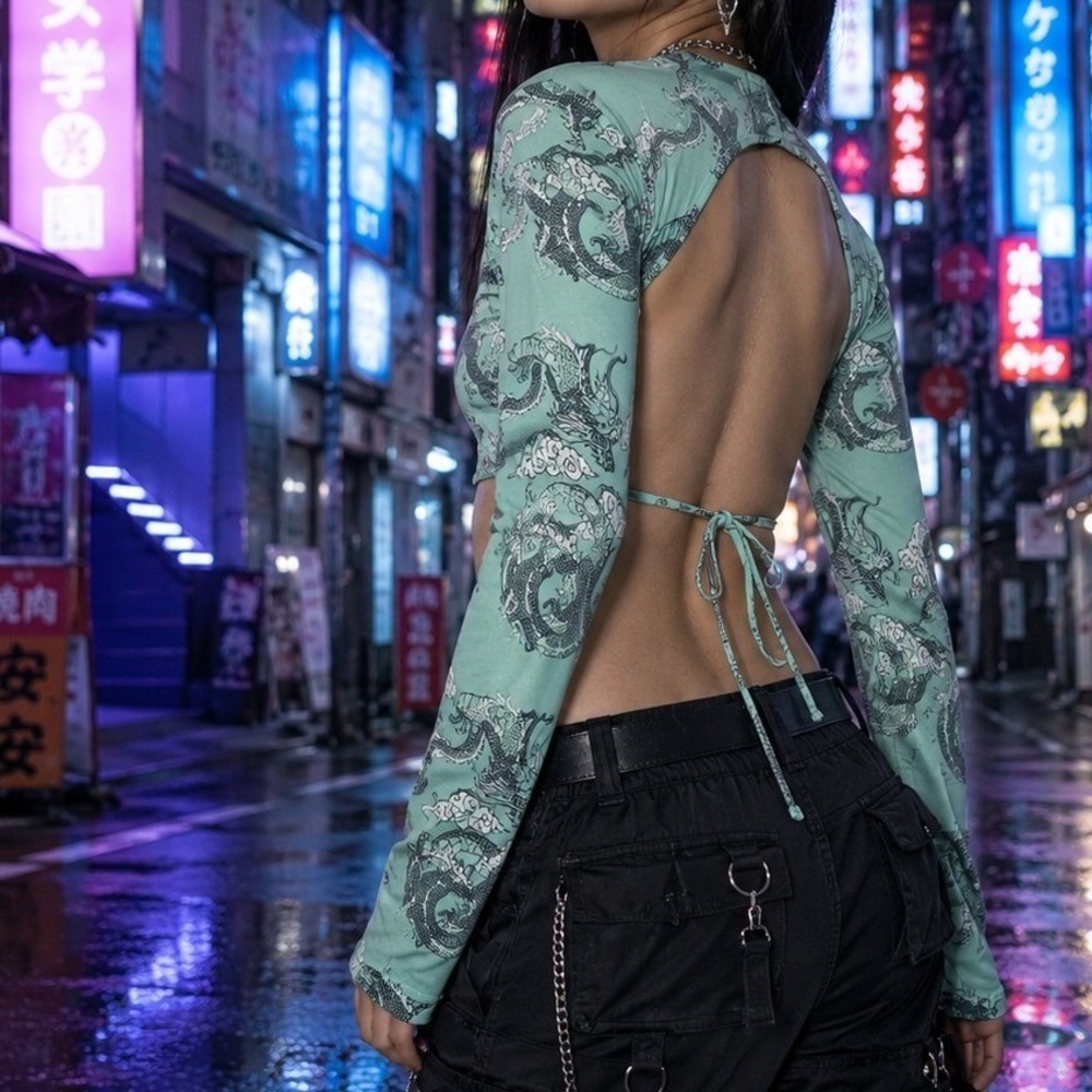 Womens Mint Green Dragon Print Open Back Tie Crop Top Mock Neck Long Sleeve S